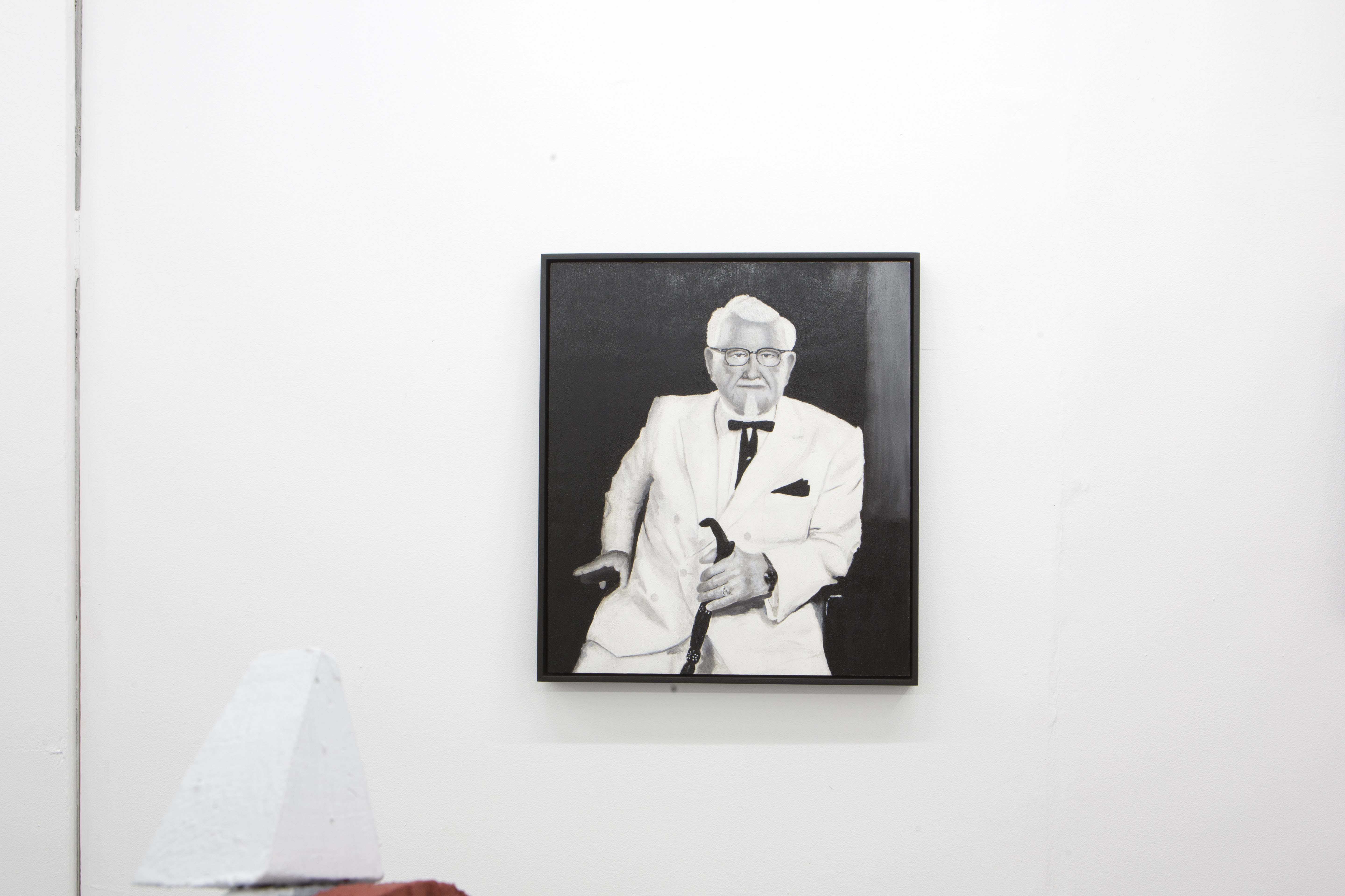 Jack Hirons Colonel Sanders (2019) 40x35cm; Oil paint made from charred discarded chicken bones on board.