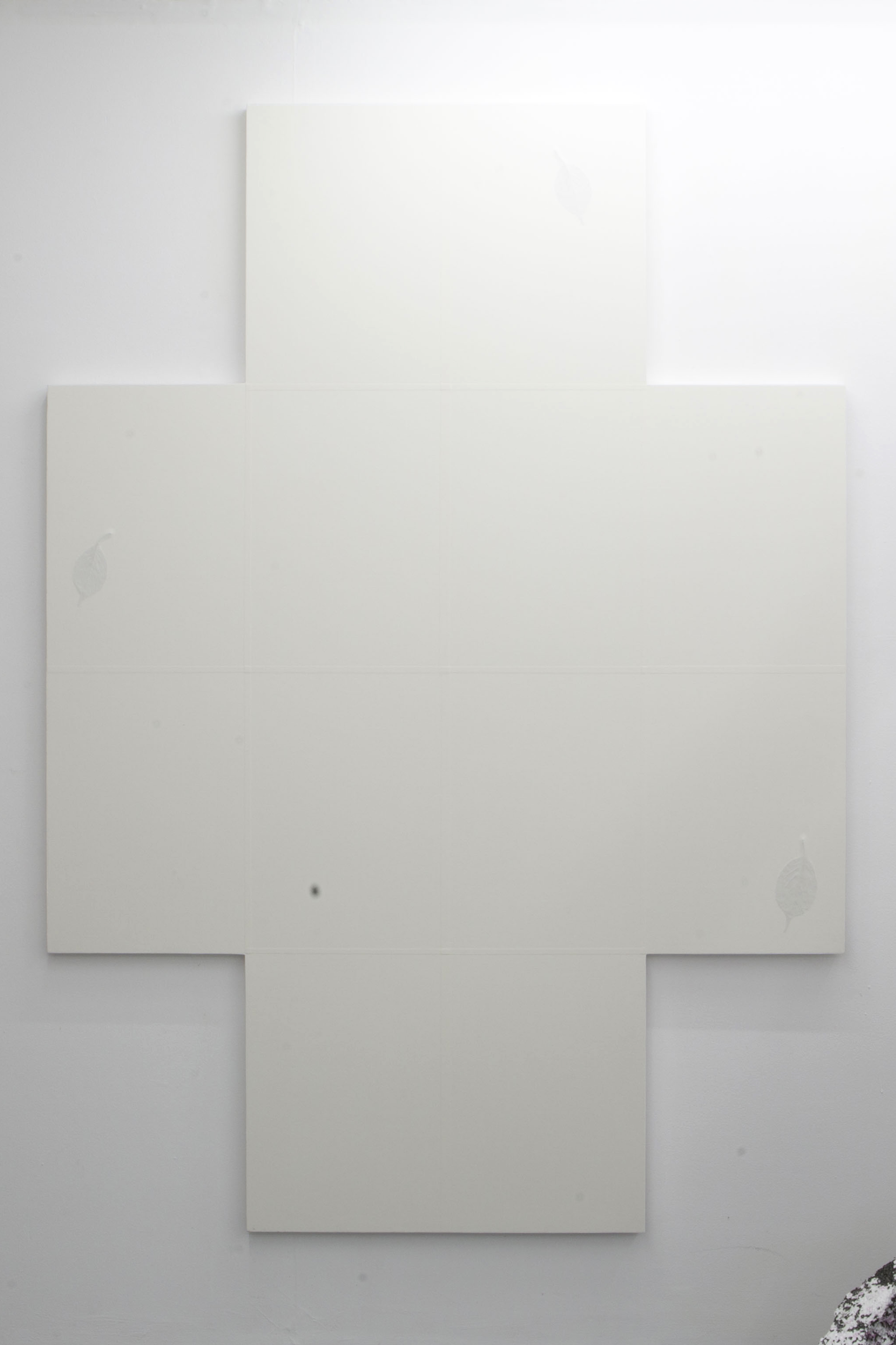 John Robertson Bosco (2019) 165.6x116.8cm; Leaves and paper on panel.