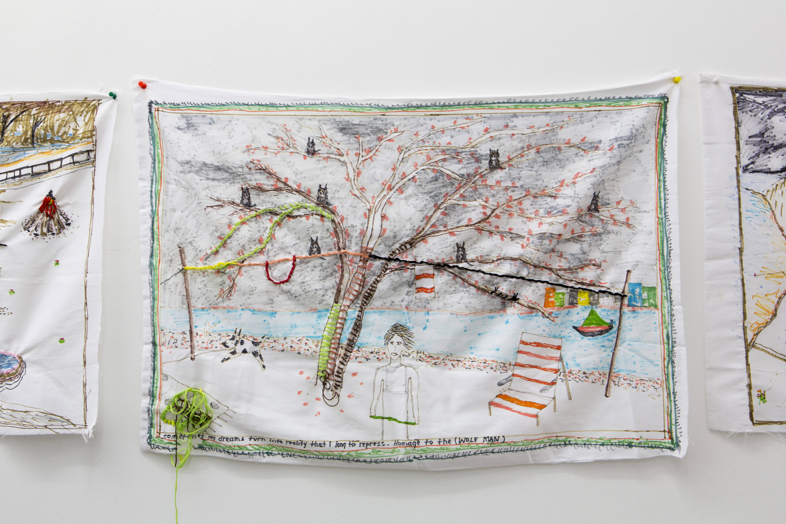 Brian Dawn Chalkley: Freud’s Study of the Wolfman (2020) Pencil, felt tip and thread on cotton pillow case 75 cm x 45 cm