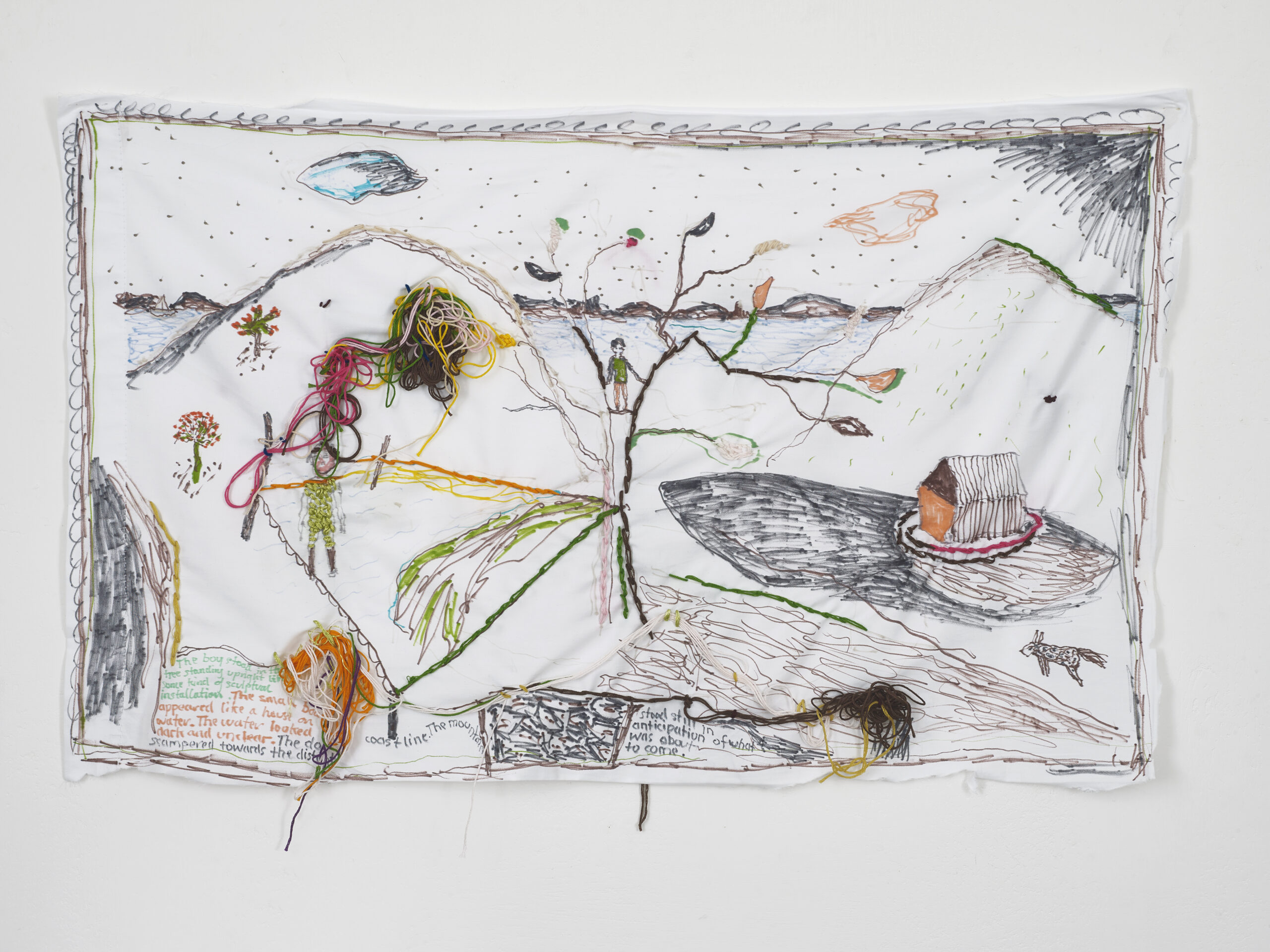 Brian Dawn Chalkley Anticipation of what was about to come (2020) Pencil, felt tip and thread on cotton pillow case, 75 cm x 45 cm.