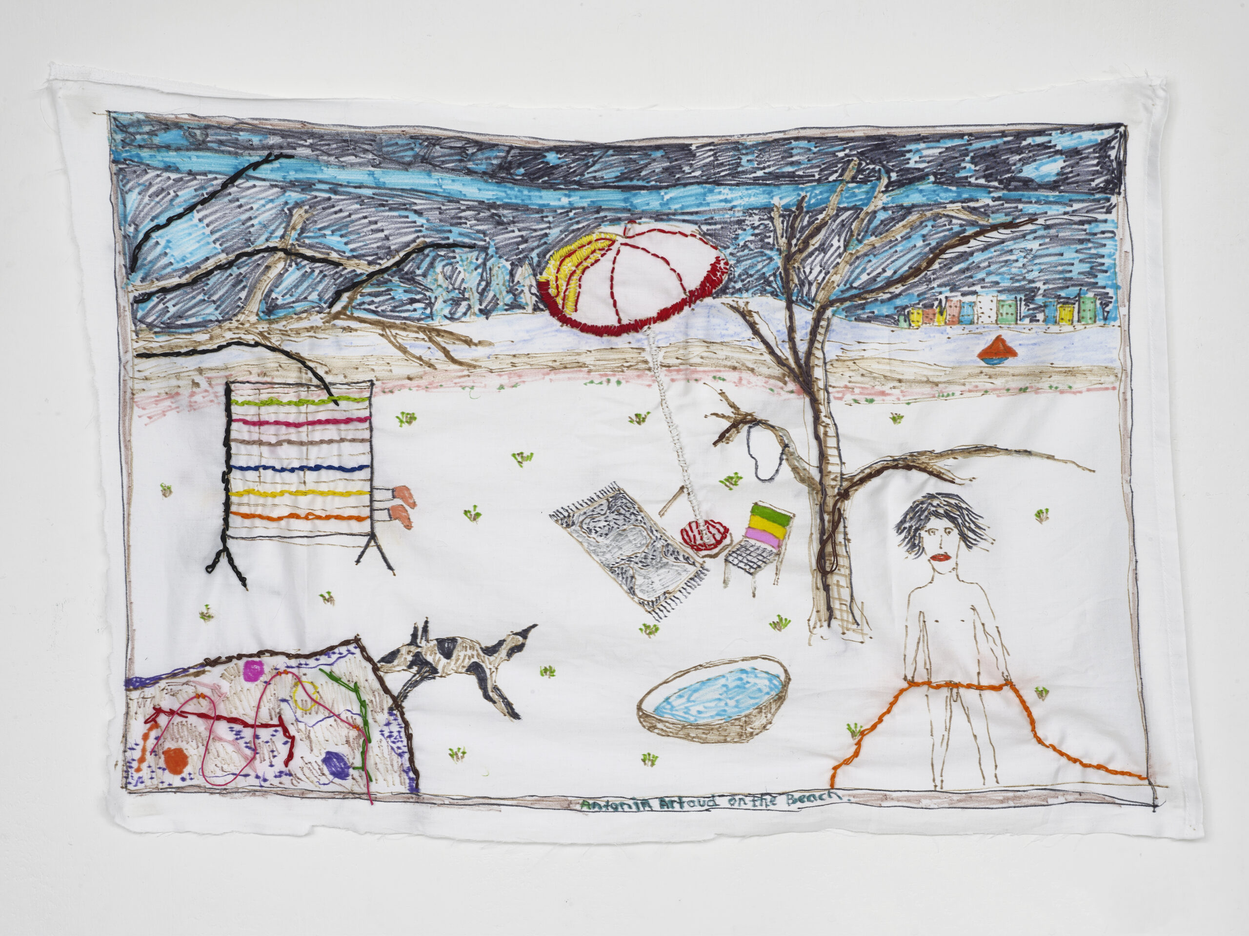 Brian Dawn Chalkley Antonin Artaud on the beach (2020) Pencil, felt tip and thread on cotton pillow case, 75 cm x 45 cm.