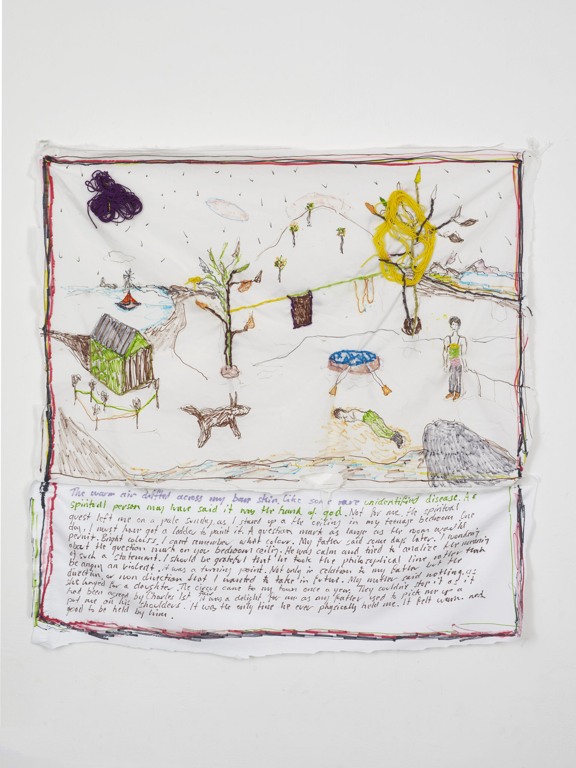 Brian Dawn Chalkley My mother said nothing (2020) Pencil, felt tip and thread on cotton pillow case, 75 cm x 65 cm.