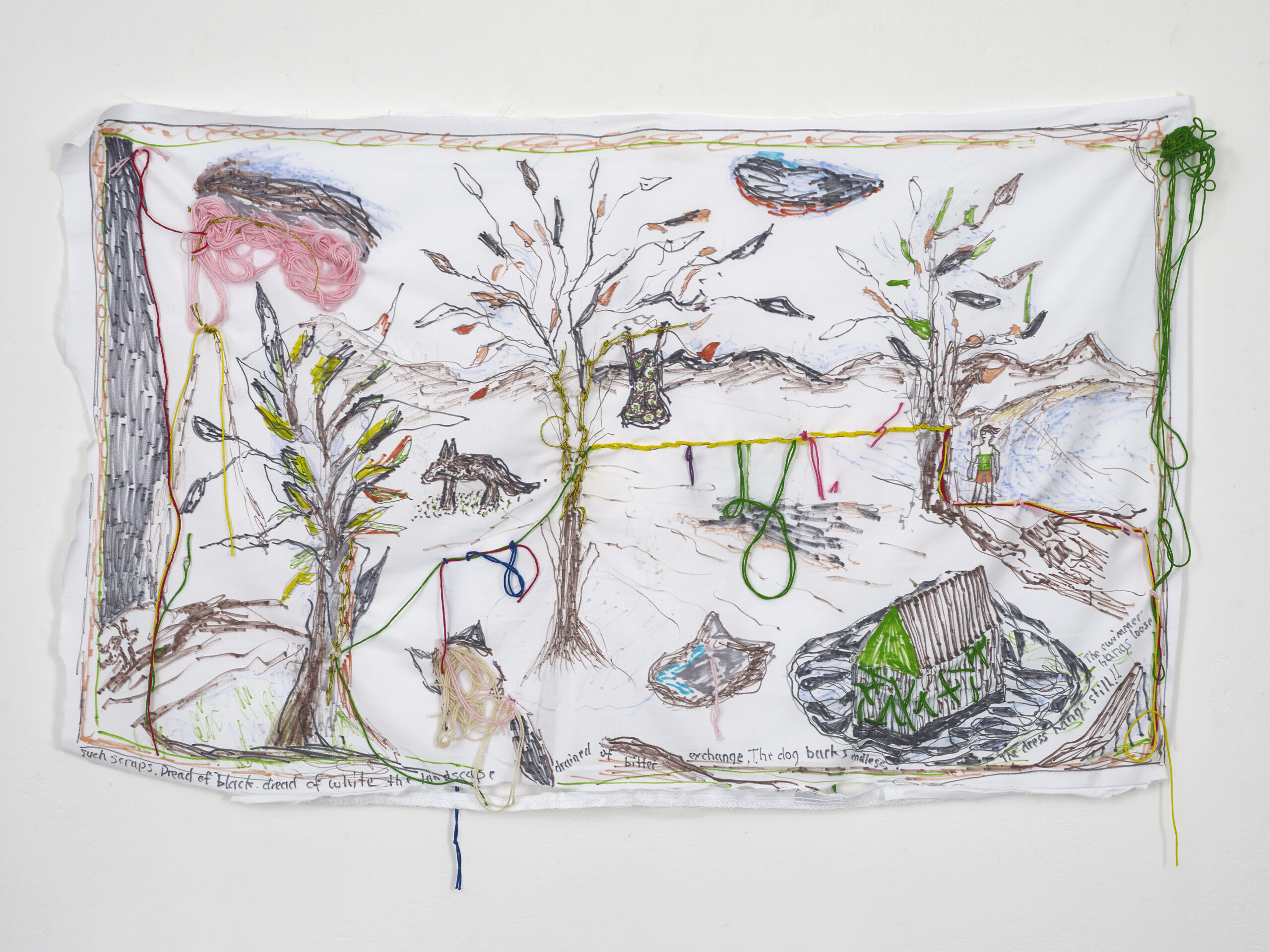 Brian Dawn Chalkley The dog barks endless (2020) Pencil, felt tip and thread on cotton pillow case, 75 cm x 45 cm.