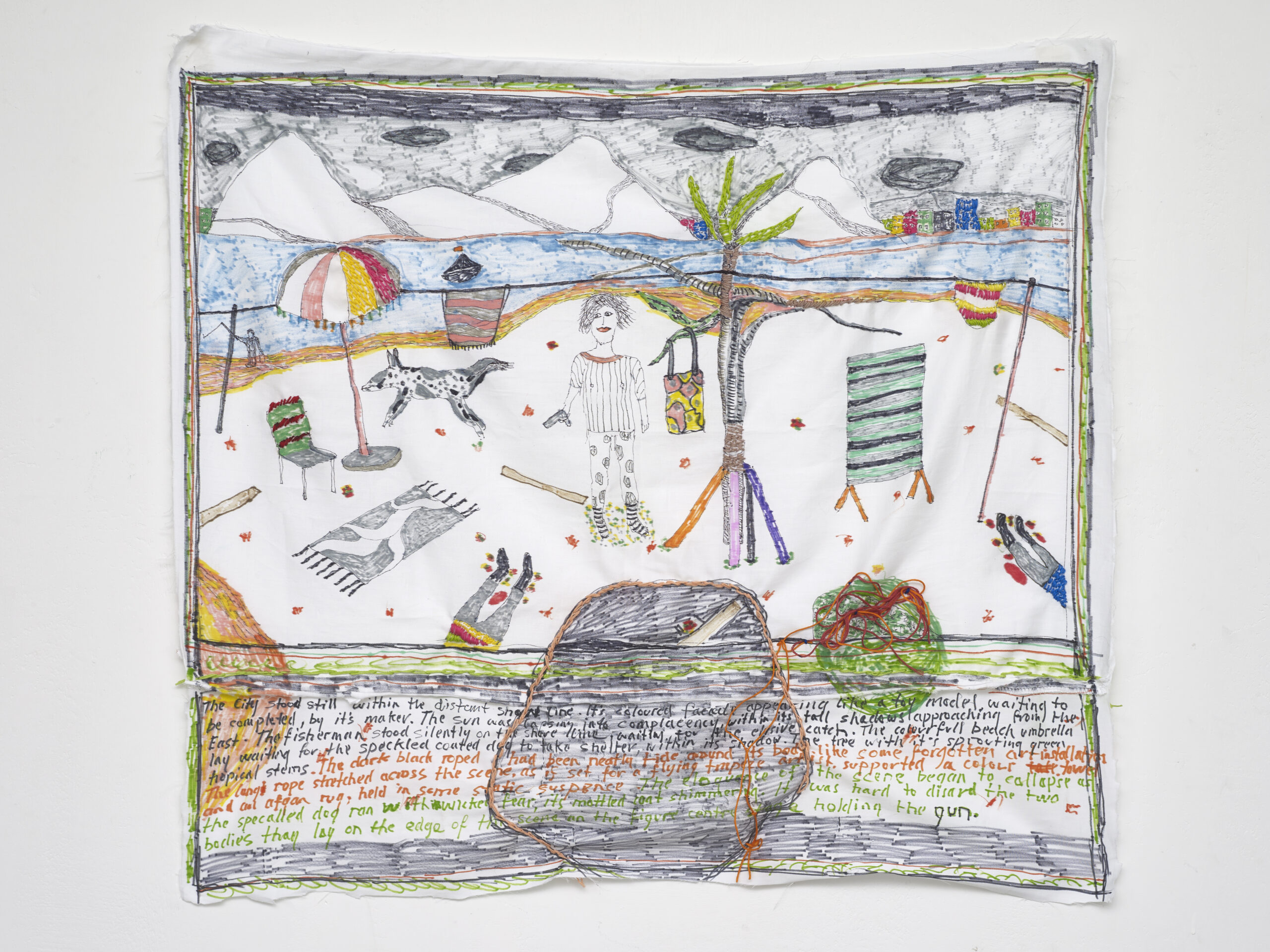 Brian Dawn Chalkley: Waiting for the elusive catch (2020) Pencil, felt tip and thread on cotton pillow case, 75 cm x 65 cm.