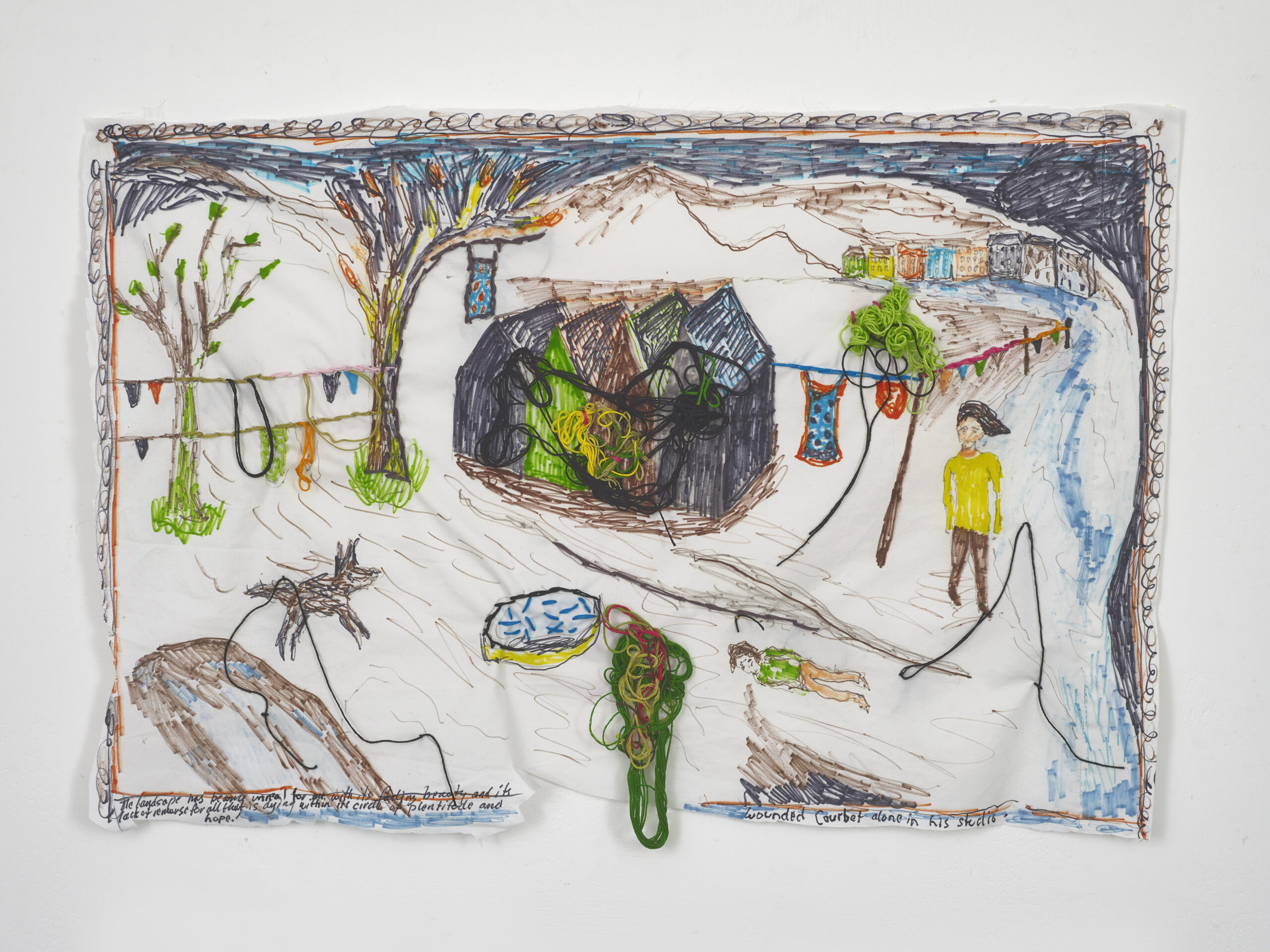 Brian Dawn Chalkley: Wounded Courbet alone in his studio (2020) Pencil, felt tip and thread on cotton pillow case, 75 cm x 45 cm