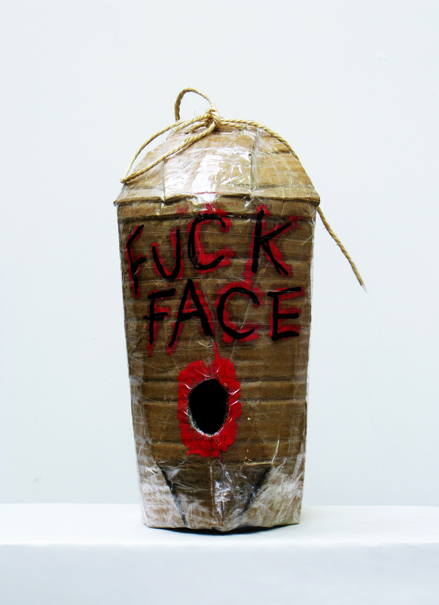 David Harrison: Pass the Parcel (Mobile Glory Hole) (2012). Tape, cardboard and mixed media 32 x 17 x 25 cm 12 5/8 x 6 3/4 x 9 7/8 in