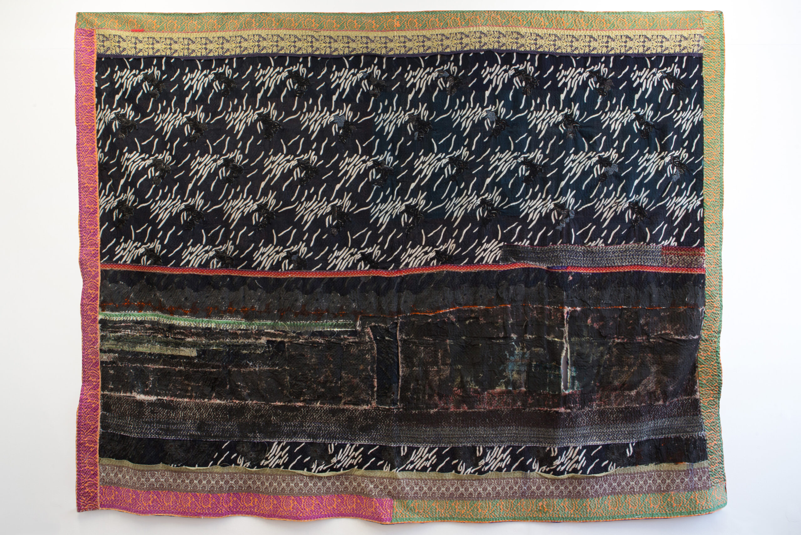 Maya Balcioglu Untitled (Bed Piece 4) (2021) Ink on found quilt, embroidery in wool and cotton thread, 150 cm x 200 cm