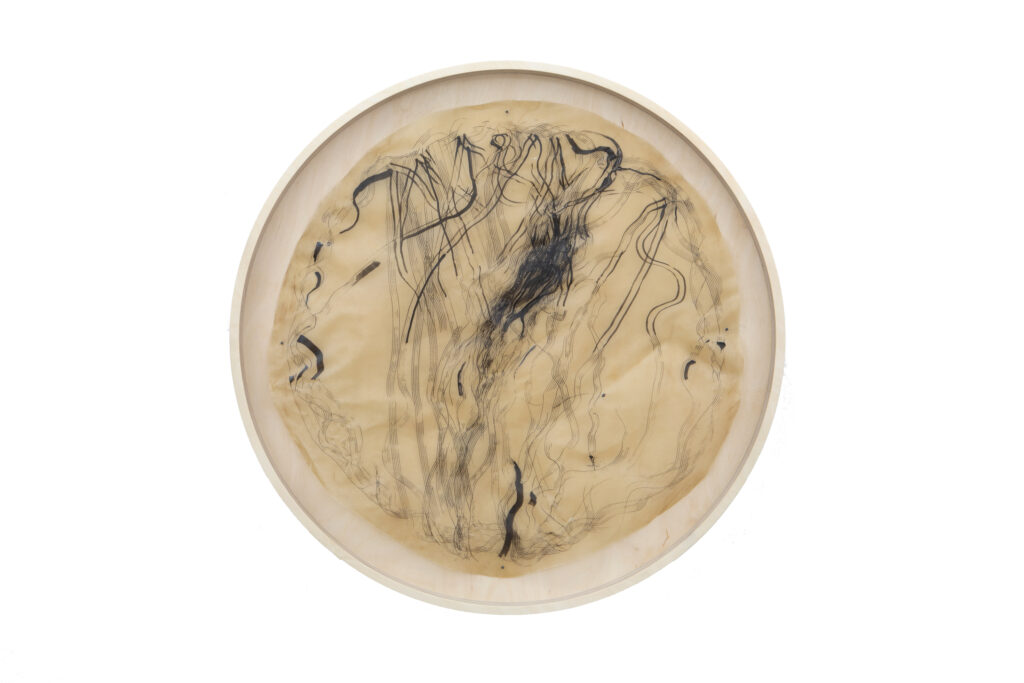 Maya Balcioglu Skin Tondo (interior) 2023. Buffalo skin, ink. Diameter: 72 cm. Frame 83.5cm.