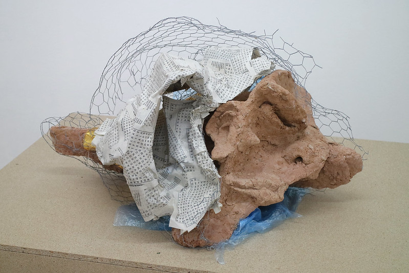 Harley Kuyck-Cohen: Sleeper Assemblage (2018); Papier-mâché, Paper Pulp, Chicken Wire, Fabric, Plastic Wrap. 45x60x80