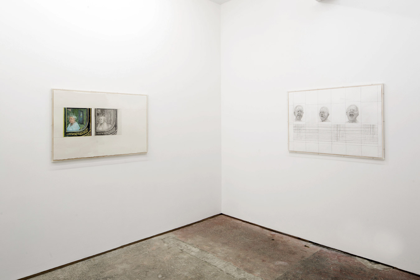 Stuart Brisley: Recent Paintings from the Museum of Ordure at Lungley gallery, London. (left to right; State Occasion from The Museum of Ordure (2020); Heads from The Museum of Ordure (2020)