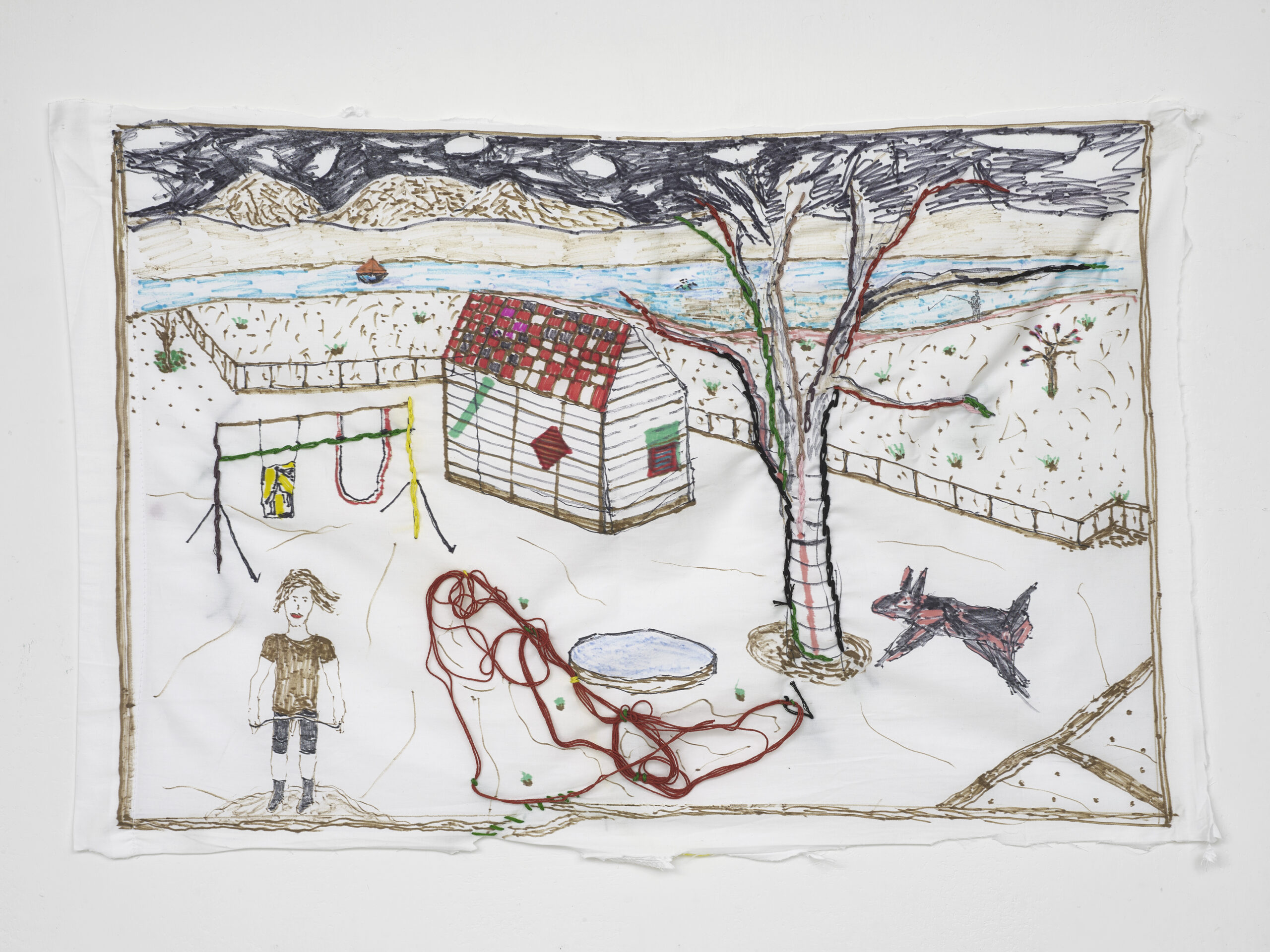 Brian Dawn Chalkley Swedish hut (2020) Pencil, felt tip and thread on cotton pillow case, 75 cm x 45 cm.