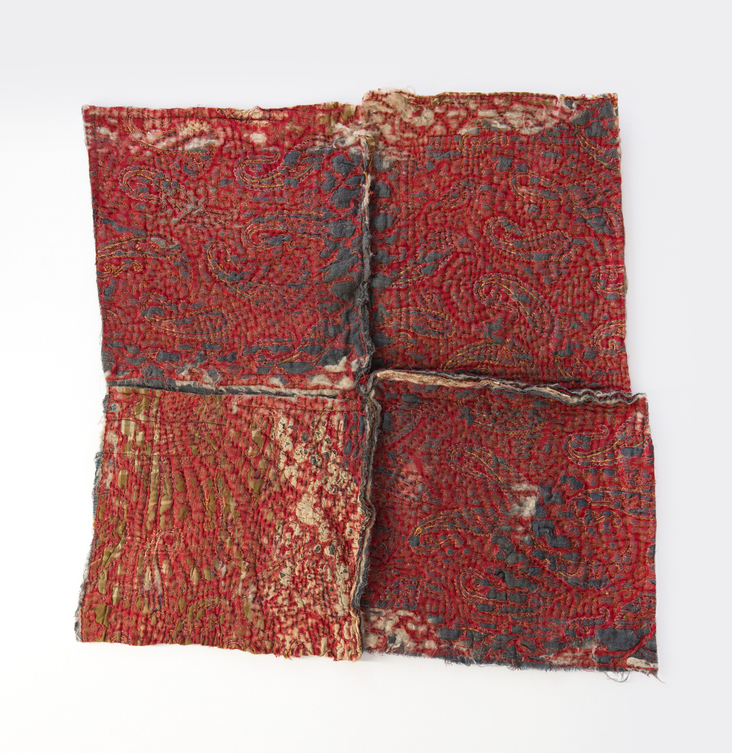 Maya Balcioglu: Untitled (Red quilt) (2021) Cotton embroidery and pva on cotton and wool, 90 cm x 86 cm.
