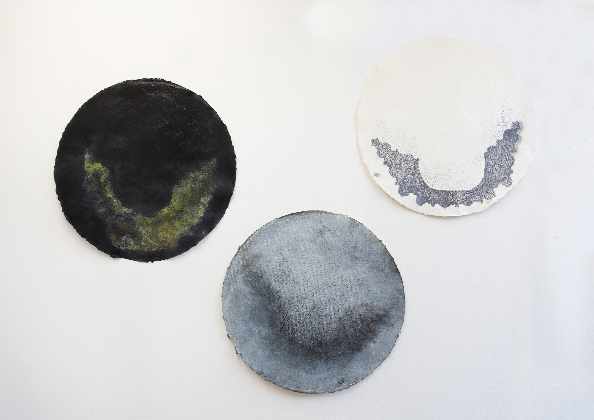 Maya Balcioglu Untitled (3 Tondos) (2021) Ink, etching ink, kaolin on paper 55 cm (Diameter) each.