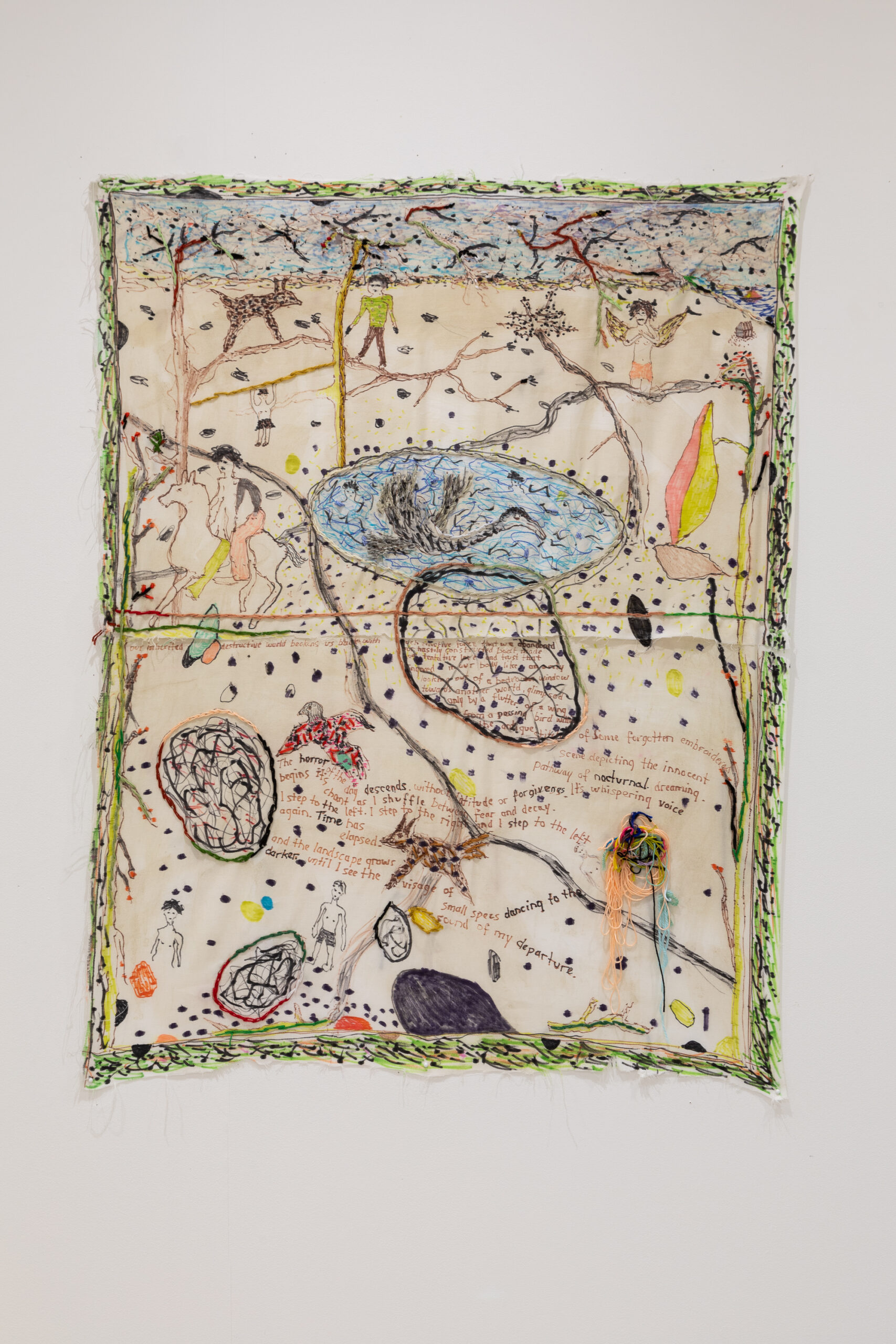 Nocturnal dreaming (2024) Pencil, ink, pins and embroidery on cotton 96 x 73 cm © Agnese Sanvito