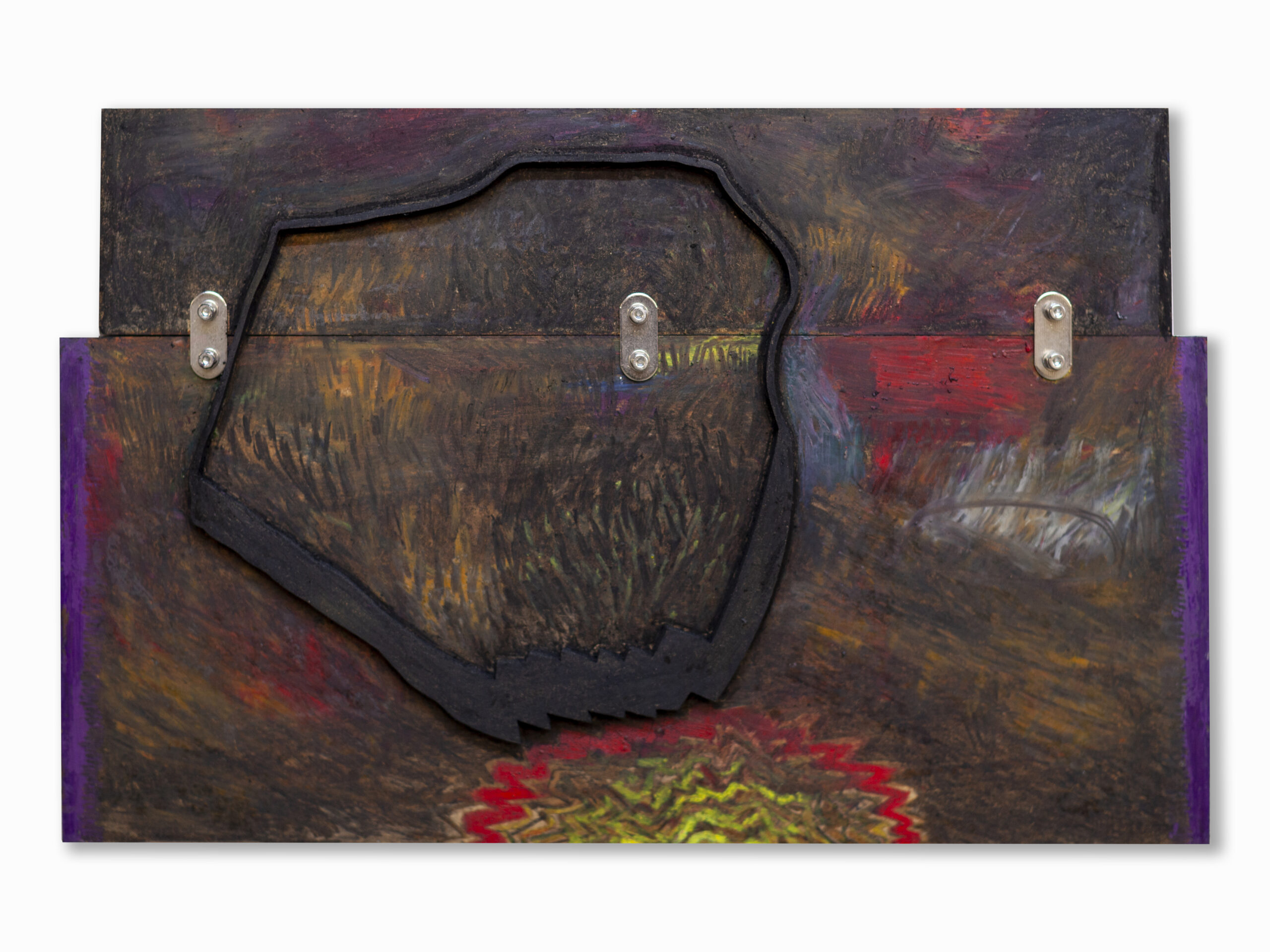 Sass Popoli: You Can Not Not See (2024) Paraffin wax, charcoal, oil pastels, metal plates on MDF, 31 x 49cm.