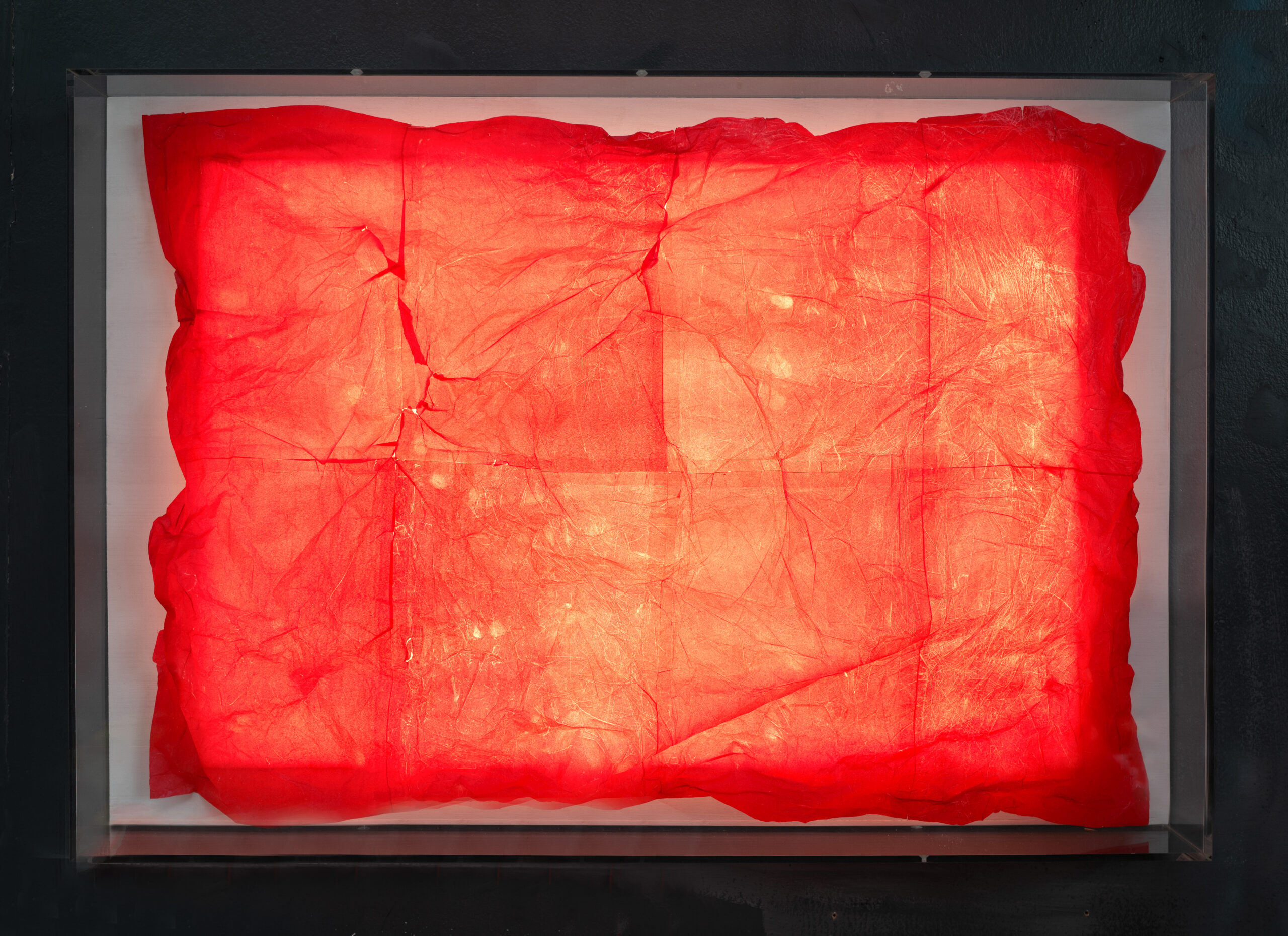 Sleep RED (Pillow) 2025 Carbon paper, acrylic case, LED lights 81.5 cm x 56 cm x 8 cm