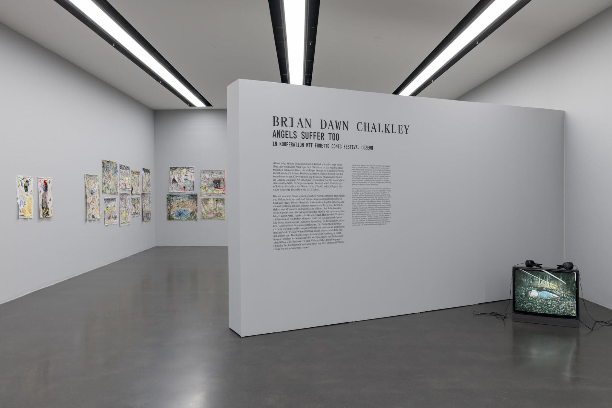 Exhibition view Brian Dawn Chalkley. Angels Suffer Too. In cooperation with Fumetto Comic Festival Lucerne, Kunstmuseum Lucerne, 2026, Photo: Marc Latzel